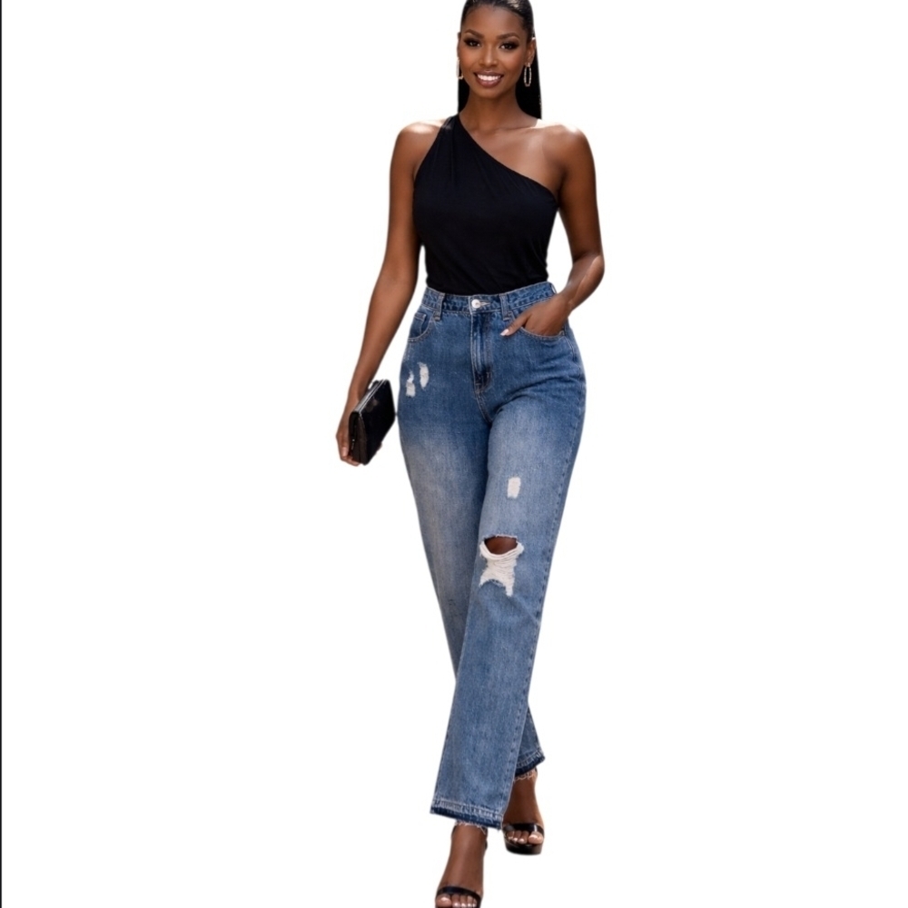 Fashion Nova Blue Distressed Boyfriend Jeans - Picture 2 of 9
